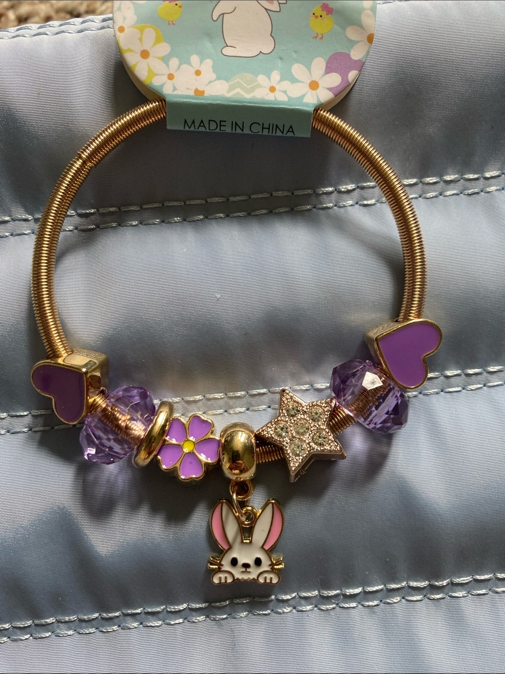 Kids Gold Bunny Charm Bracelet with Purple Beads